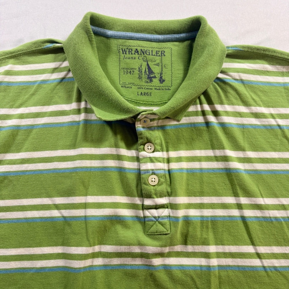 Wrangler Striped Polo Shirt Mens Large Green White Cotton Short Sleeve Casual